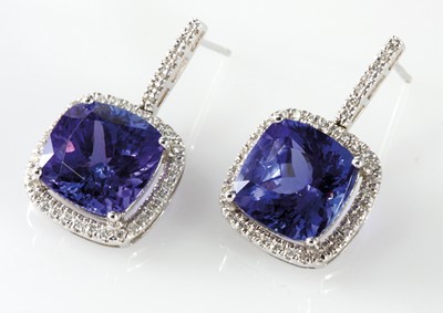 Lot 3 - 18ct white gold pair of drop stud tanzanite and diamond earrings