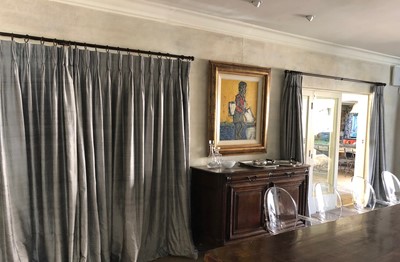 Lot 186 - Three pairs of silver raw silk curtains on eyelets