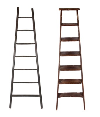 Lot 61 - A painted pine orchard ladder and a distressed household ladder