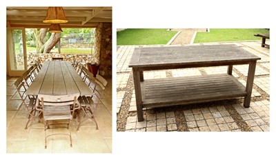 Lot 74 - A weathered wood and metal patio dining suite, by Hope, Cape Town and matching side server