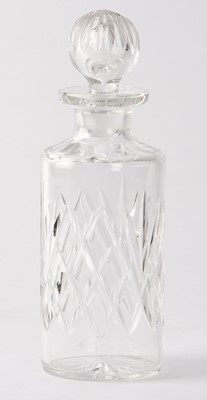 Lot 13 - ,A modern clear glass cylindrical decanter, cut with fan and lattice band and clear glass globular stopper cut with splits