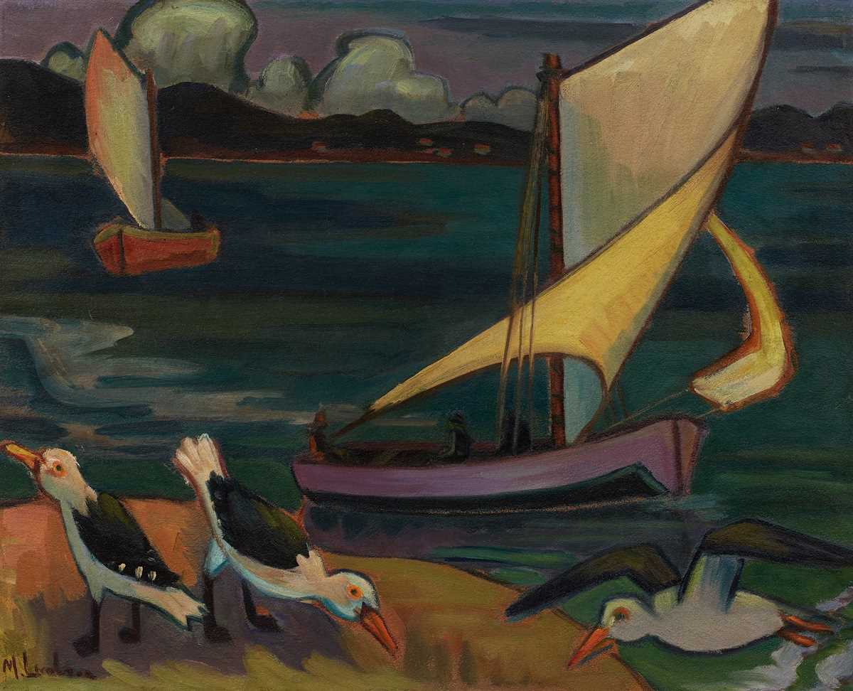 Lot 83 - Maggie Laubser, By die See (Seascape with Boats and Birds)